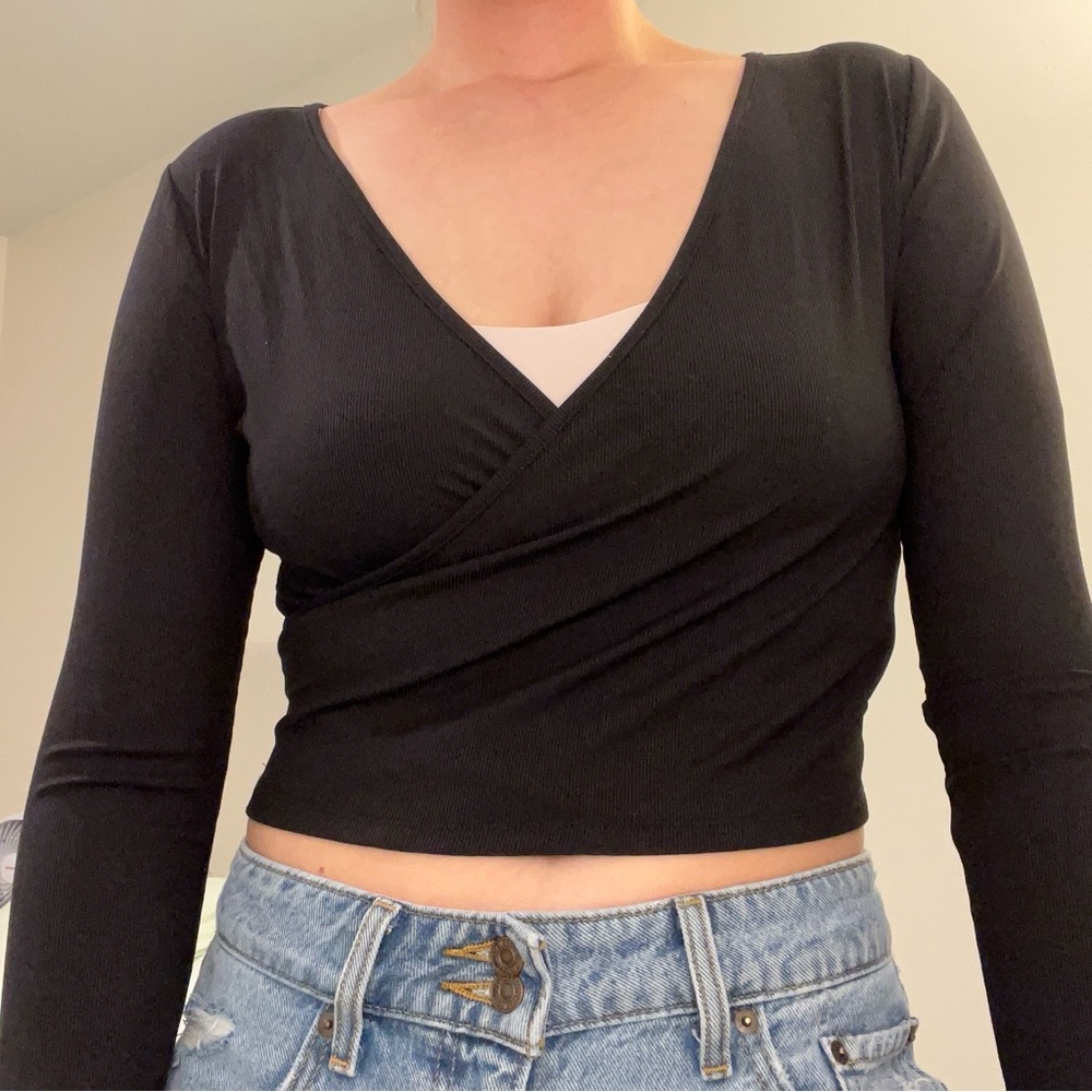 Garage Black Long Sleeve Wrap Blouse